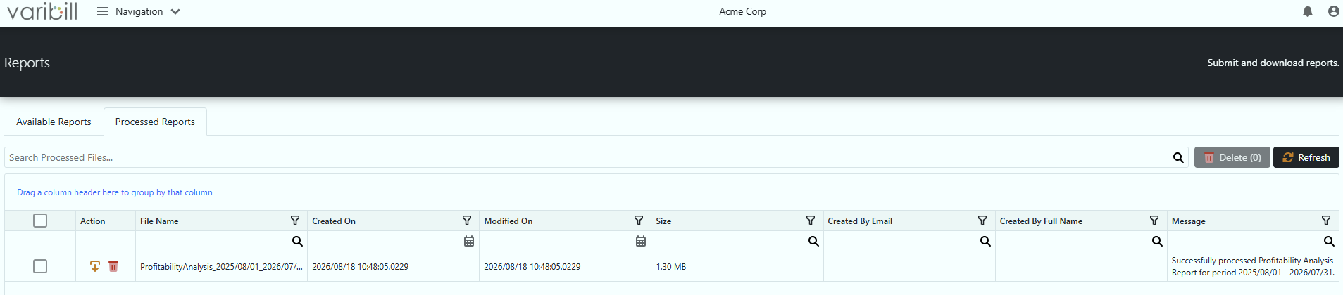 Processed Reports tab with download action