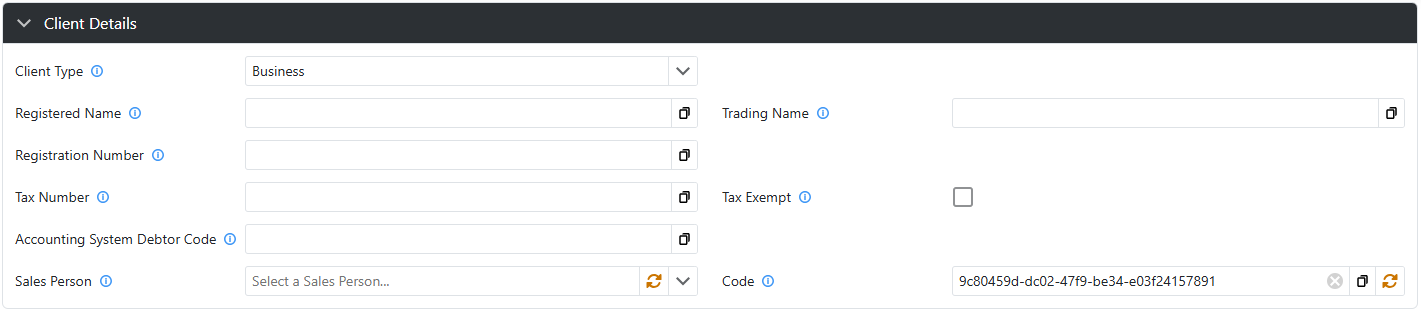 Client Details Section - Business