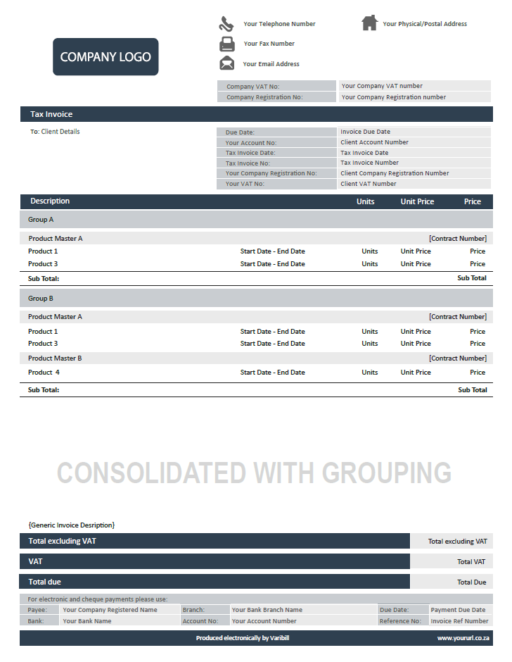 Consolidated invoice with defined groups output example