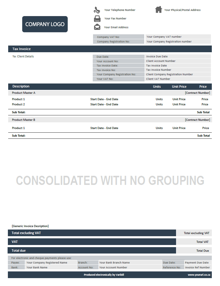 Consolidated invoice with no defined groups output example