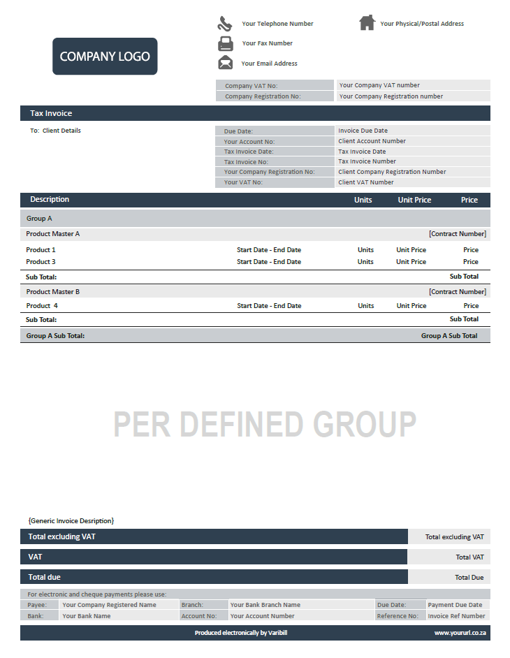 Invoice per defined group output example